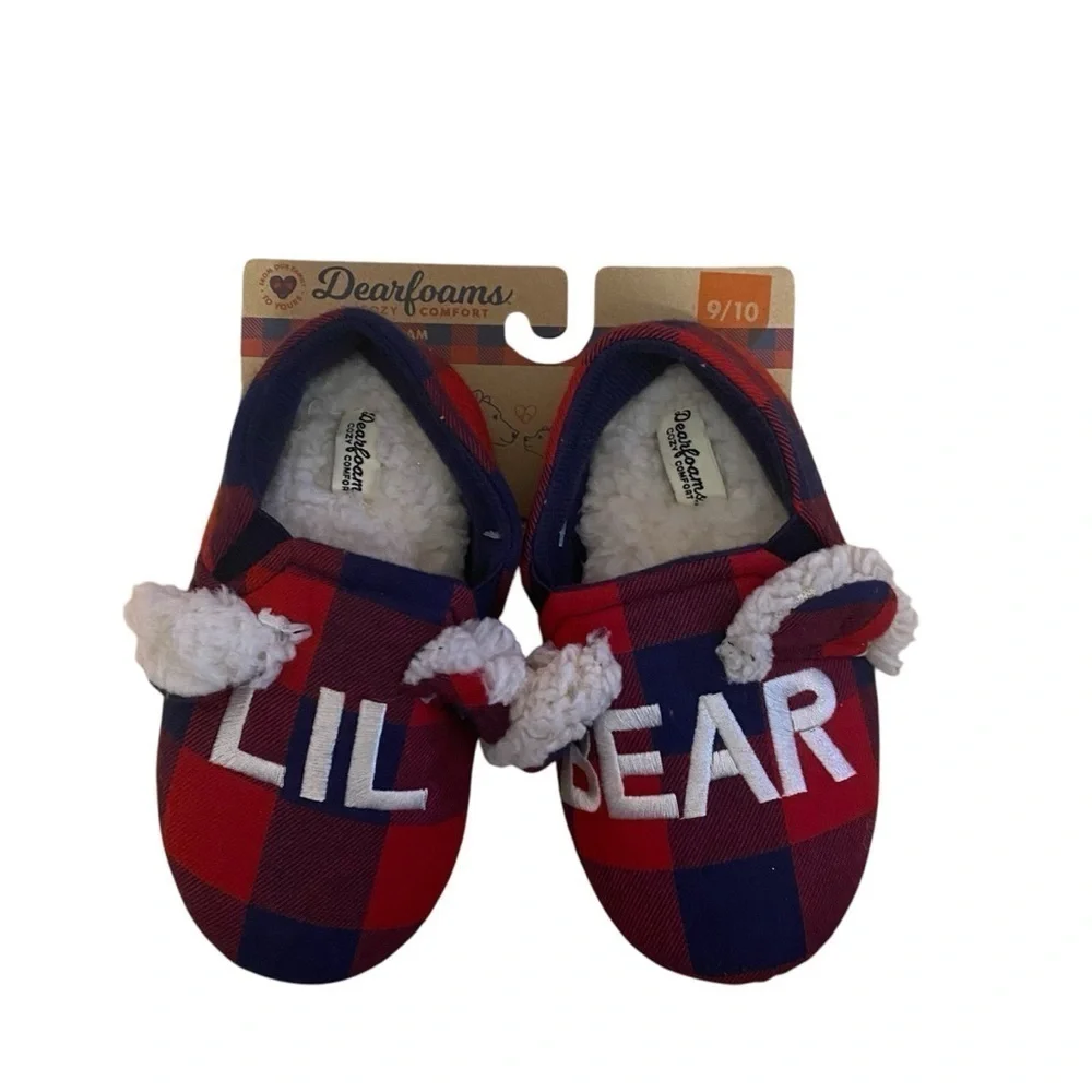Dearfoams Lil Bear Plaid Slippers NEW Sz 9-10 Red Blue